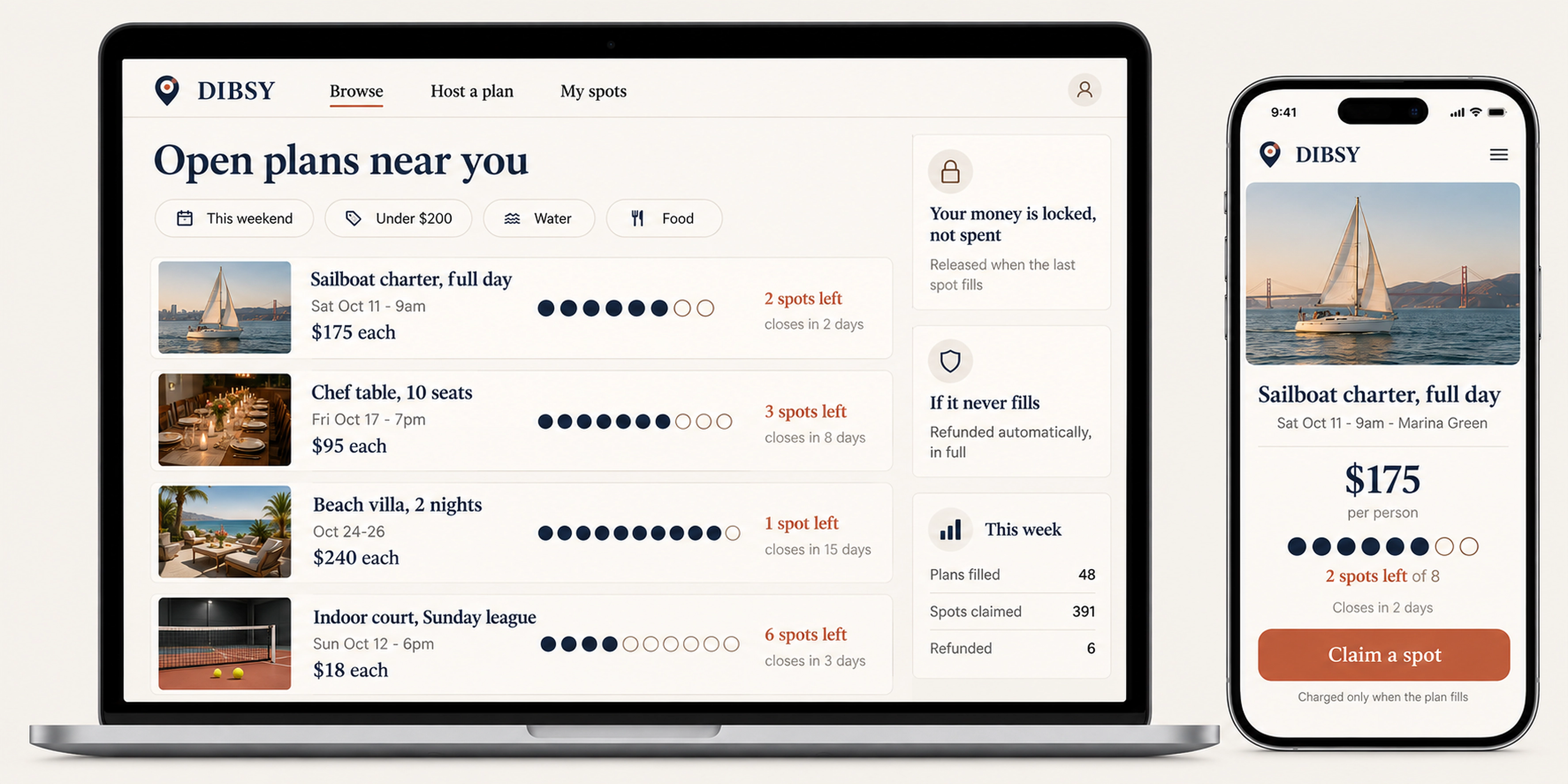 The Dibsy claim board on a laptop showing four open plans with spots remaining, and a single plan's claim screen on a phone